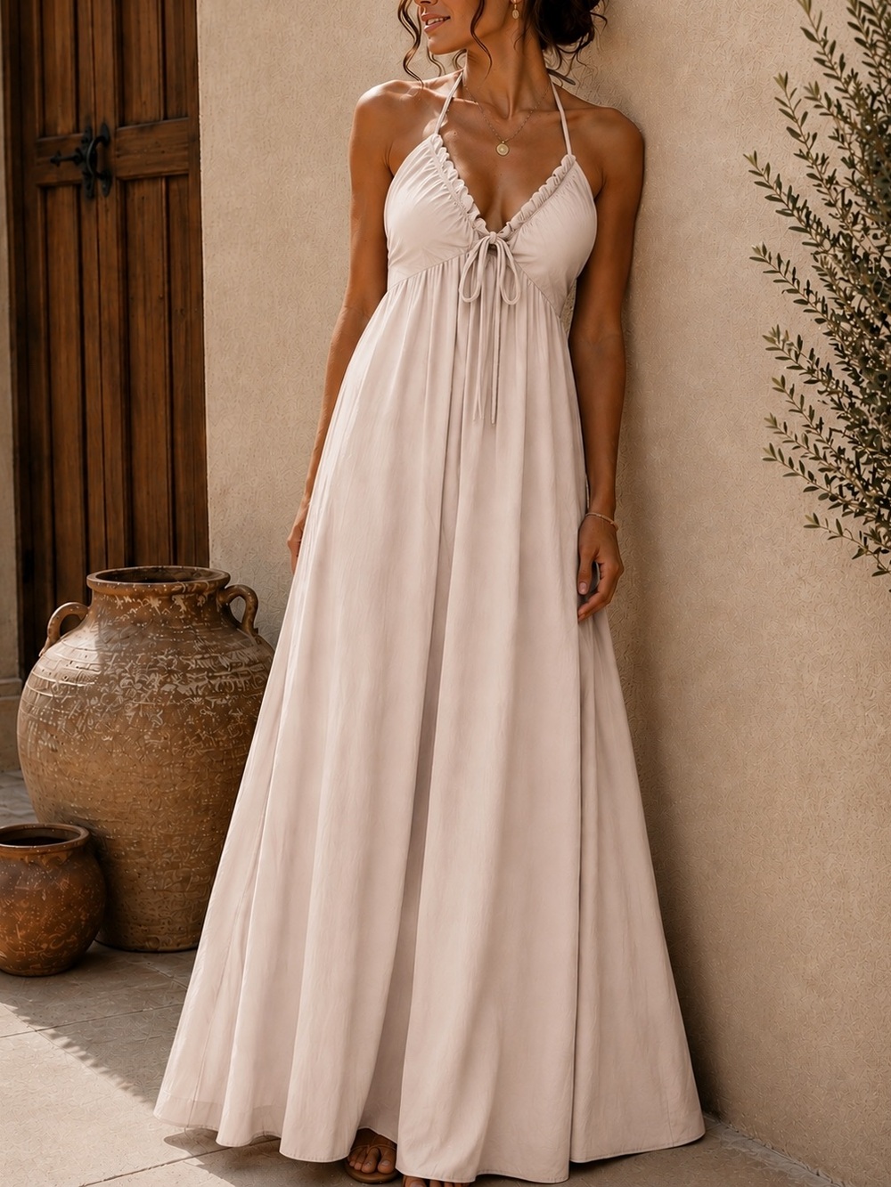 Women’s Cream Halter Maxi Dress - Elegant Evening Dress